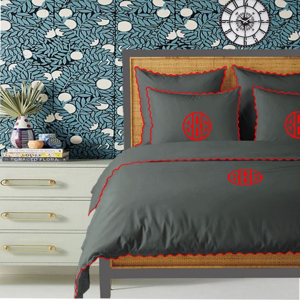 Monogram Dark Grey 400TC Cotton Small Scallop Embroidery Duvet Cover Set