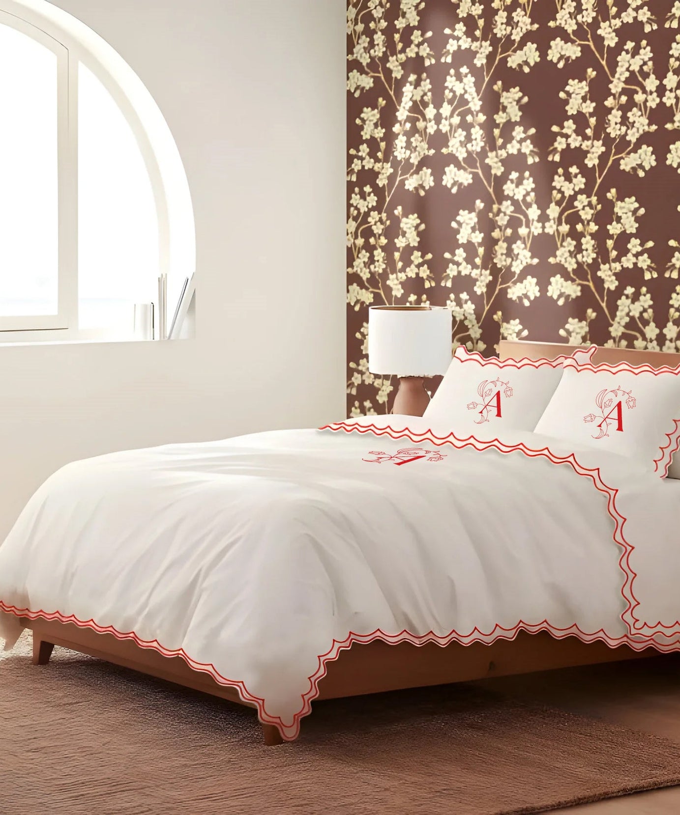 Monogram 400TC Cotton Sateen Double Scallop Embroidery Duvet Cover Set