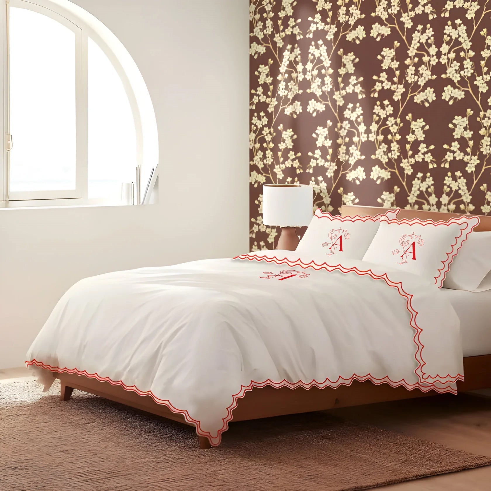 Monogram 400TC Cotton Sateen Double Scallop Embroidery Duvet Cover Set