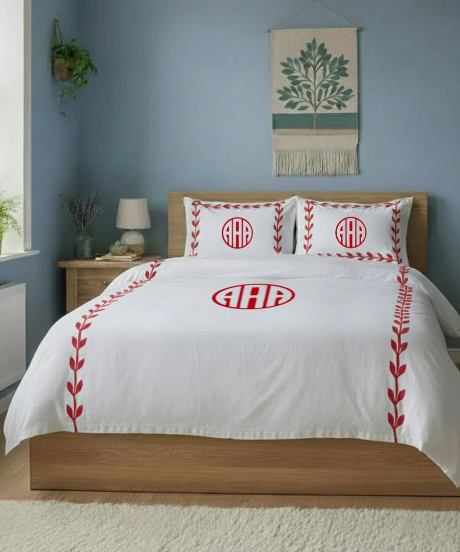 Monogram Layered Leaf Applique Cotton Duvet Cover Set