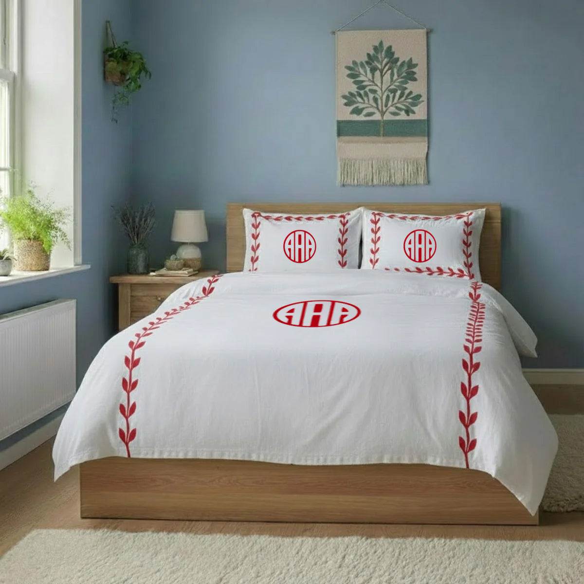 Monogram Layered Leaf Applique Cotton Duvet Cover Set