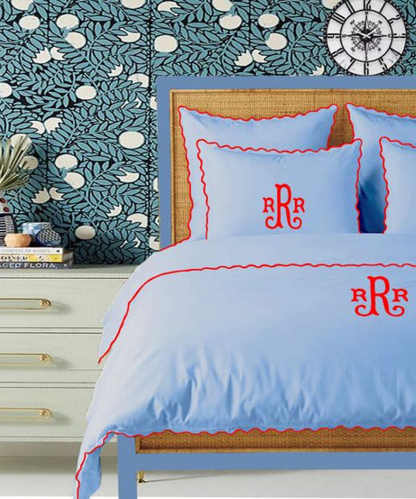 Monogram Light Blue 400TC Cotton Small Scallop Embroidery Duvet Cover Set