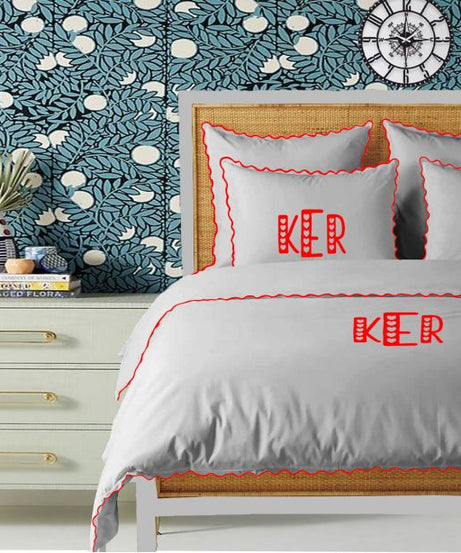 Monogram Light Grey 400TC Cotton Small Scallop Embroidery Duvet Cover Set