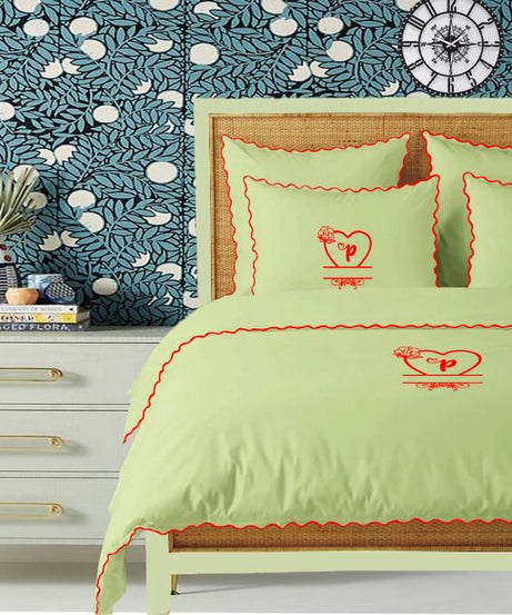 Monogram Sage 400TC Cotton Small Scallop Embroidery Duvet Cover Set
