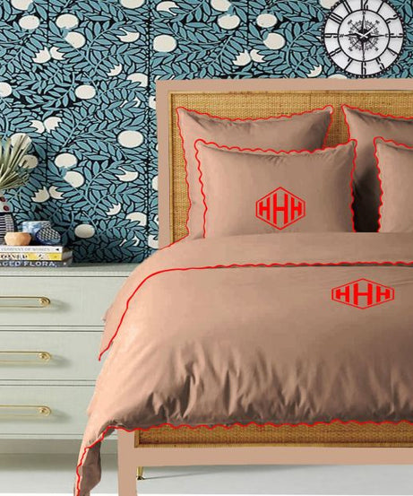 Monogram Taupe 400TC Cotton Small Scallop Embroidery Duvet Cover Set