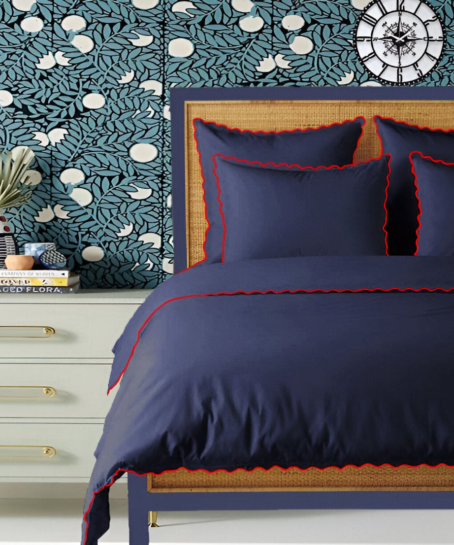 Navy 400TC Cotton Small Scallop Embroidery Duvet Cover Set