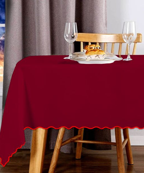 Scallop Embroidery Sateen Cotton Solid Table Cloth - Burgundy