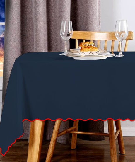 Scallop Embroidery Sateen Cotton Solid Table Cloth - Navy