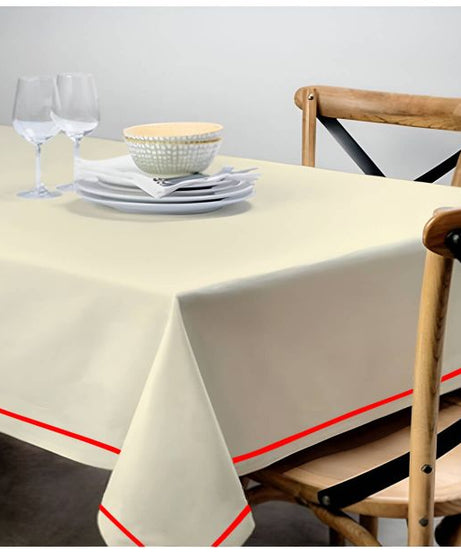 Single Embroidery Border Sateen Cotton Solid Table Cloth - Ivory