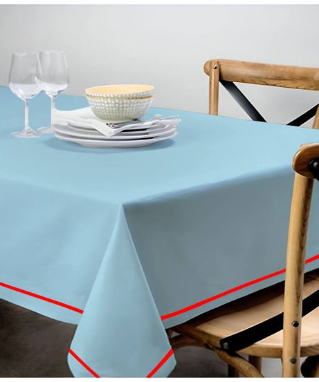 Single Embroidery Border Sateen Cotton Solid Table Cloth - Light Blue