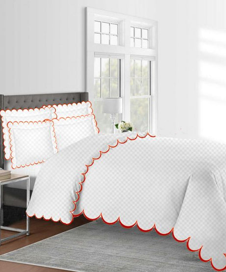 Allena 400TC Cotton Scallop Embroidery Sateen Microcheck Duvet Cover Set