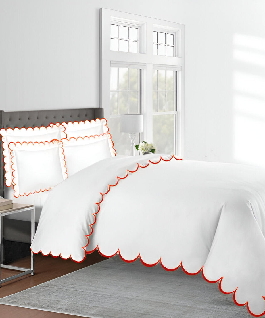 Allena 400TC Cotton Scallop Embroidery Sateen Solid Duvet Cover Set