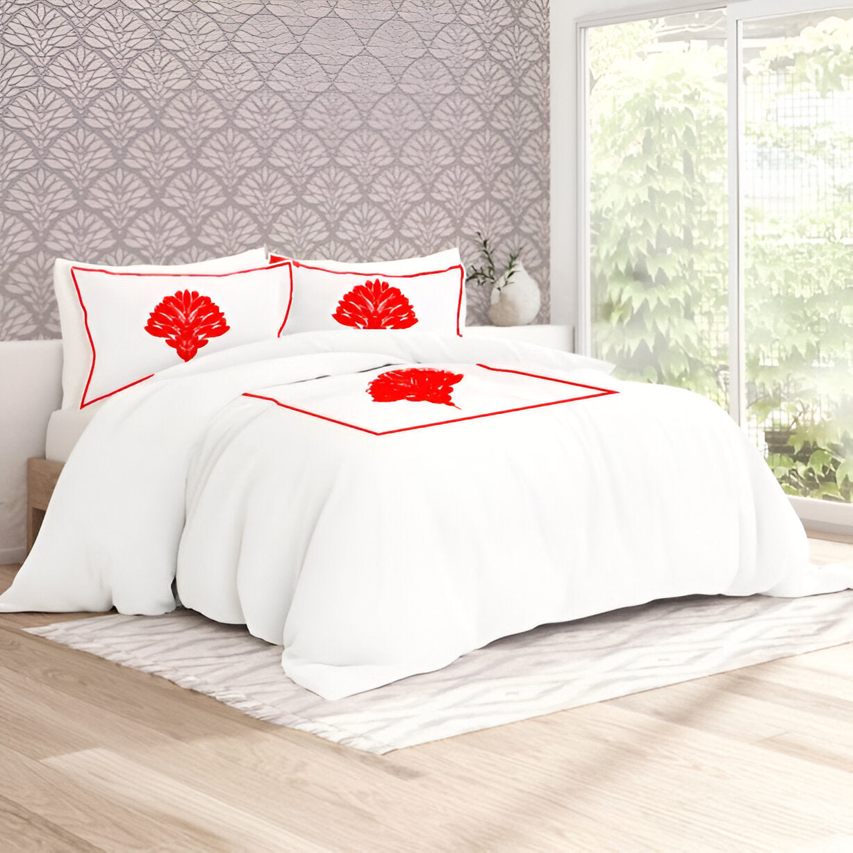Leafy Embroidered Cotton Sateen Duvet Cover Set