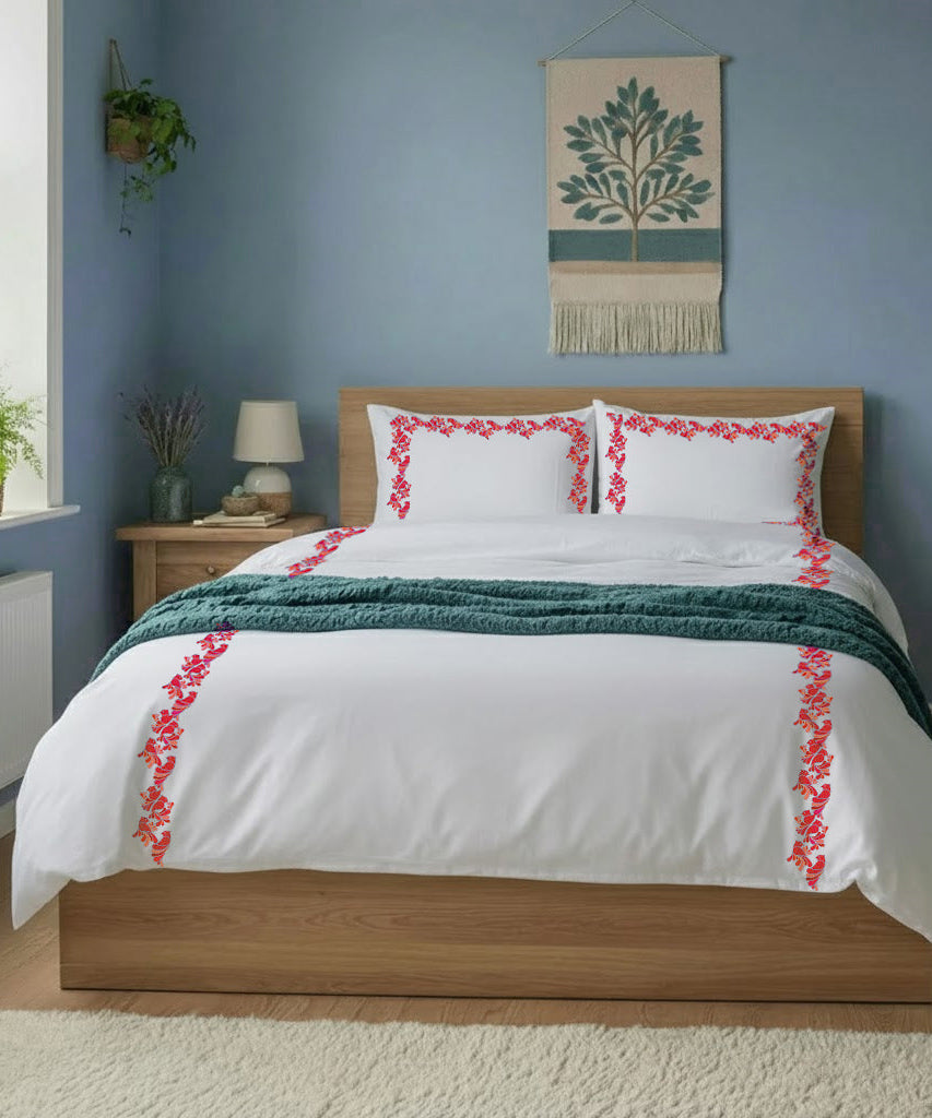 Bird Embroidered Cotton Duvet Cover Set