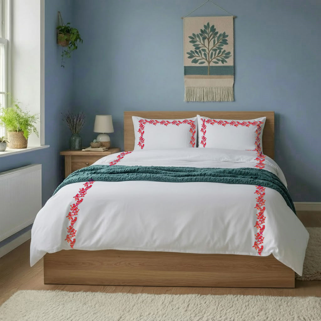 Bird Embroidered Cotton Duvet Cover Set