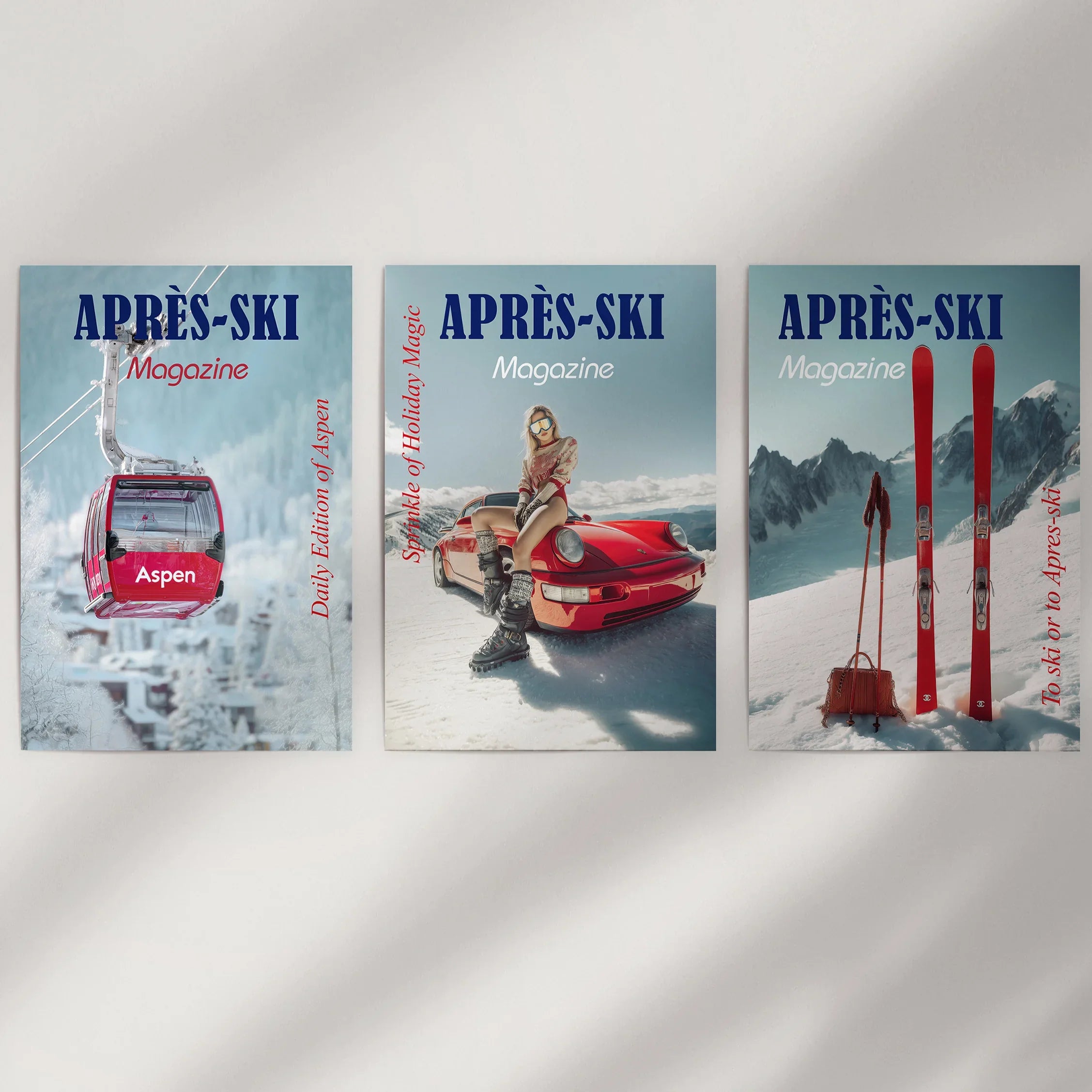 Girly Après Ski Set of 3 Posters. Chic Ski Resort Wall Decor