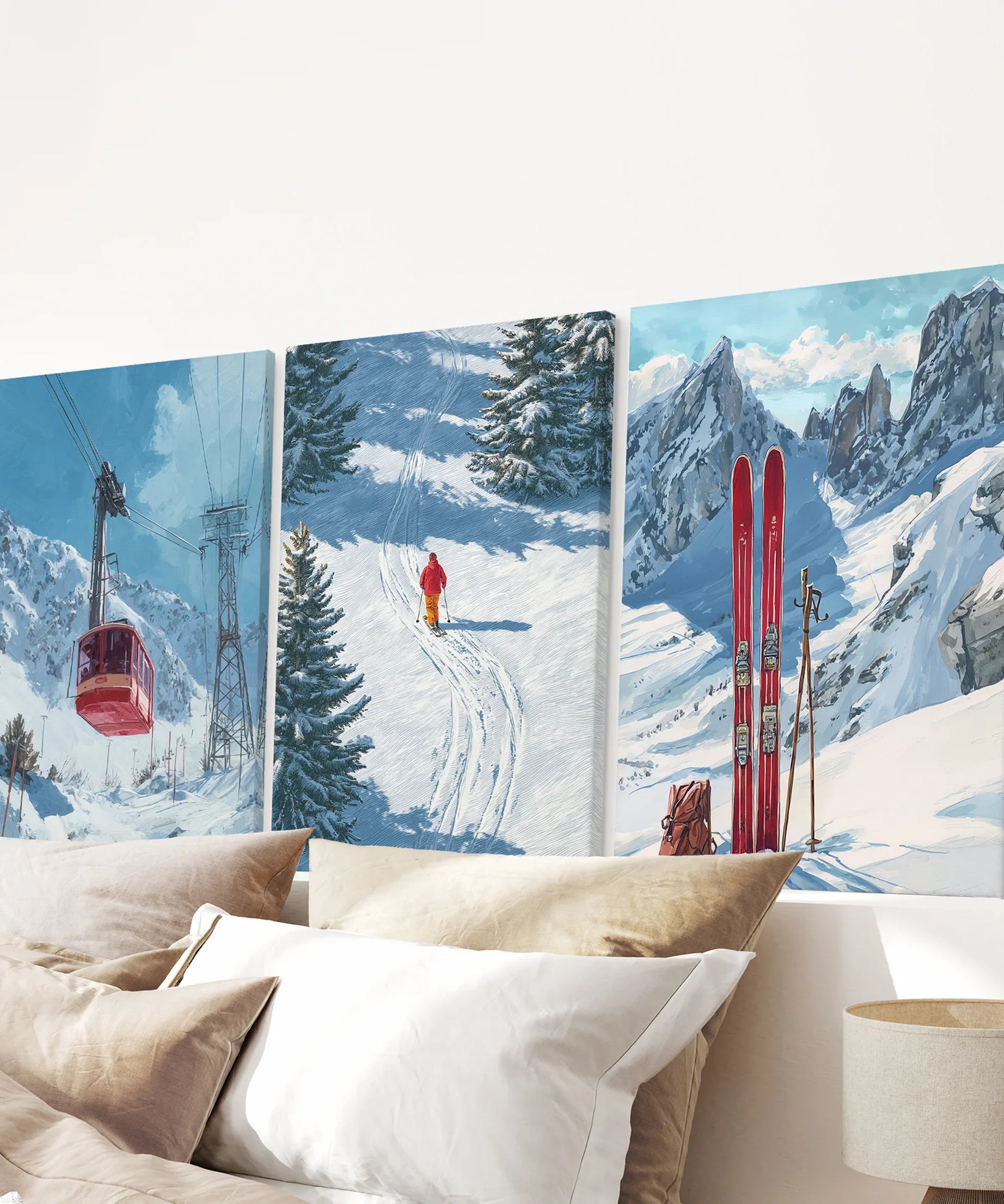 Snowy Mountain Wall Art Set: Skier, Red Skis, Snowy Trees