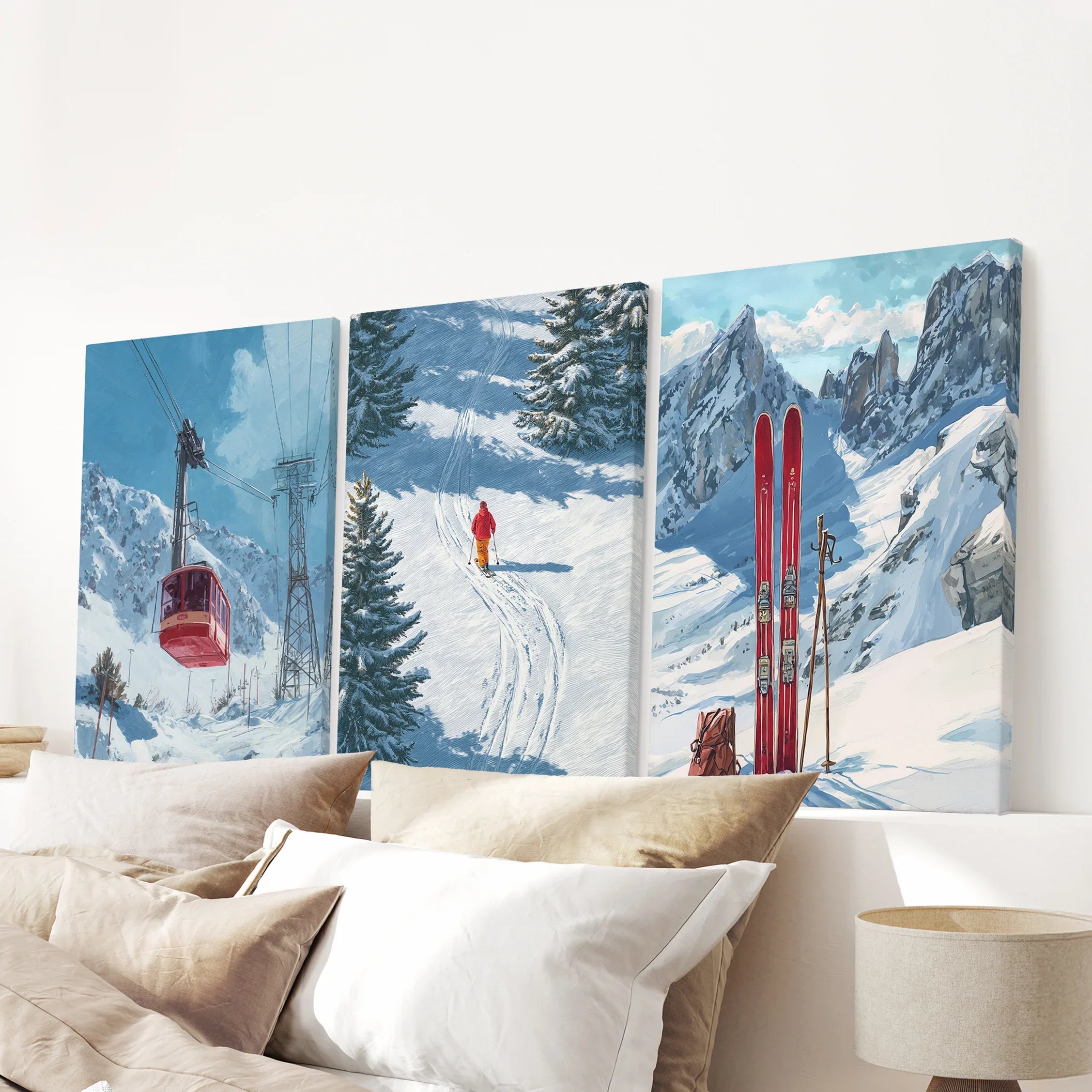 Snowy Mountain Wall Art Set: Skier, Red Skis, Snowy Trees