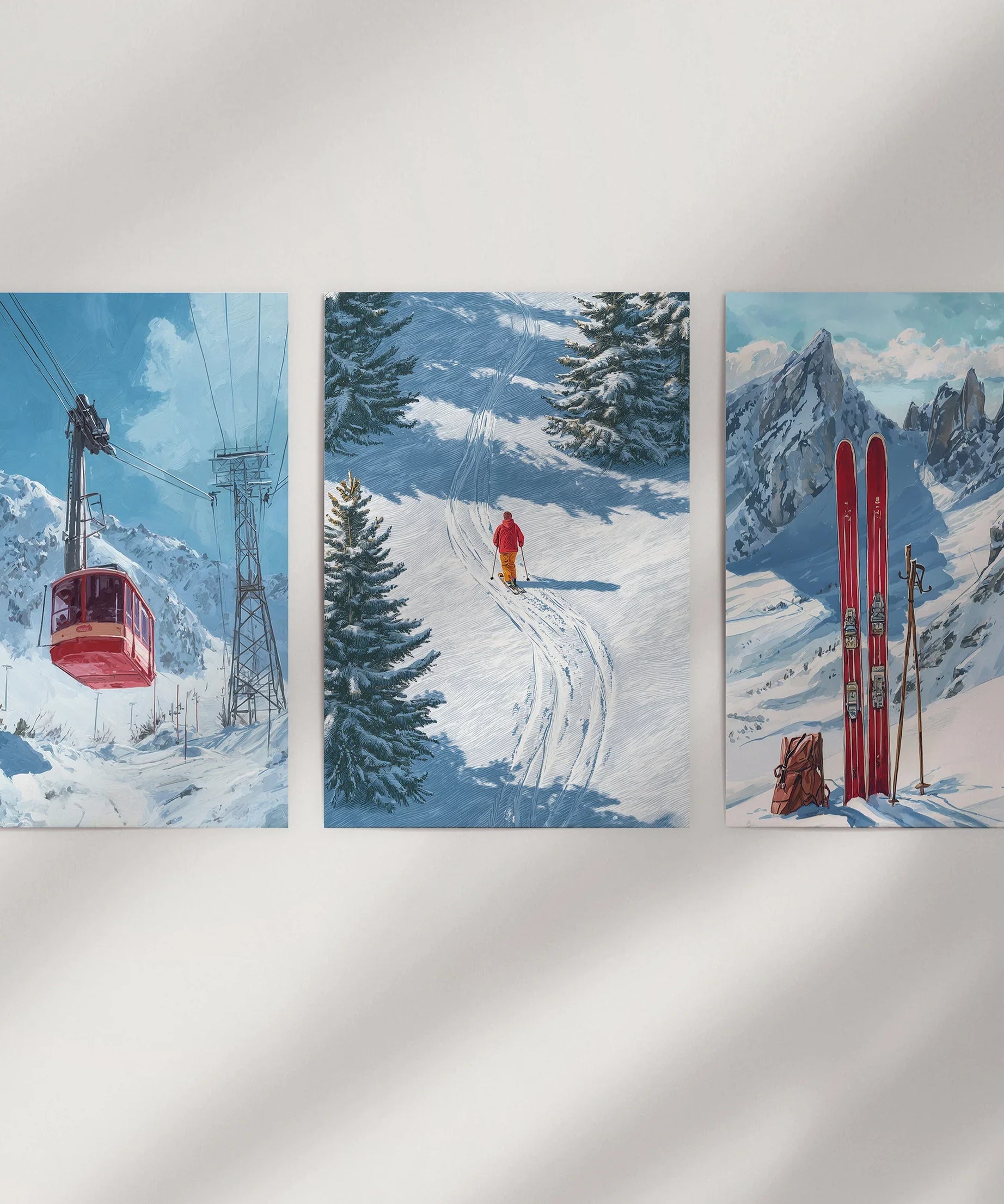 Snowy Mountain Wall Art Set: Skier, Red Skis, Snowy Trees