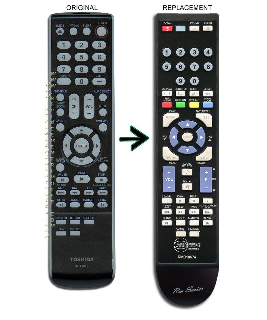 Anderic TV/DVD Remote Control for Toshiba SE-R0305, DC-LWB1, and others - RMC10674