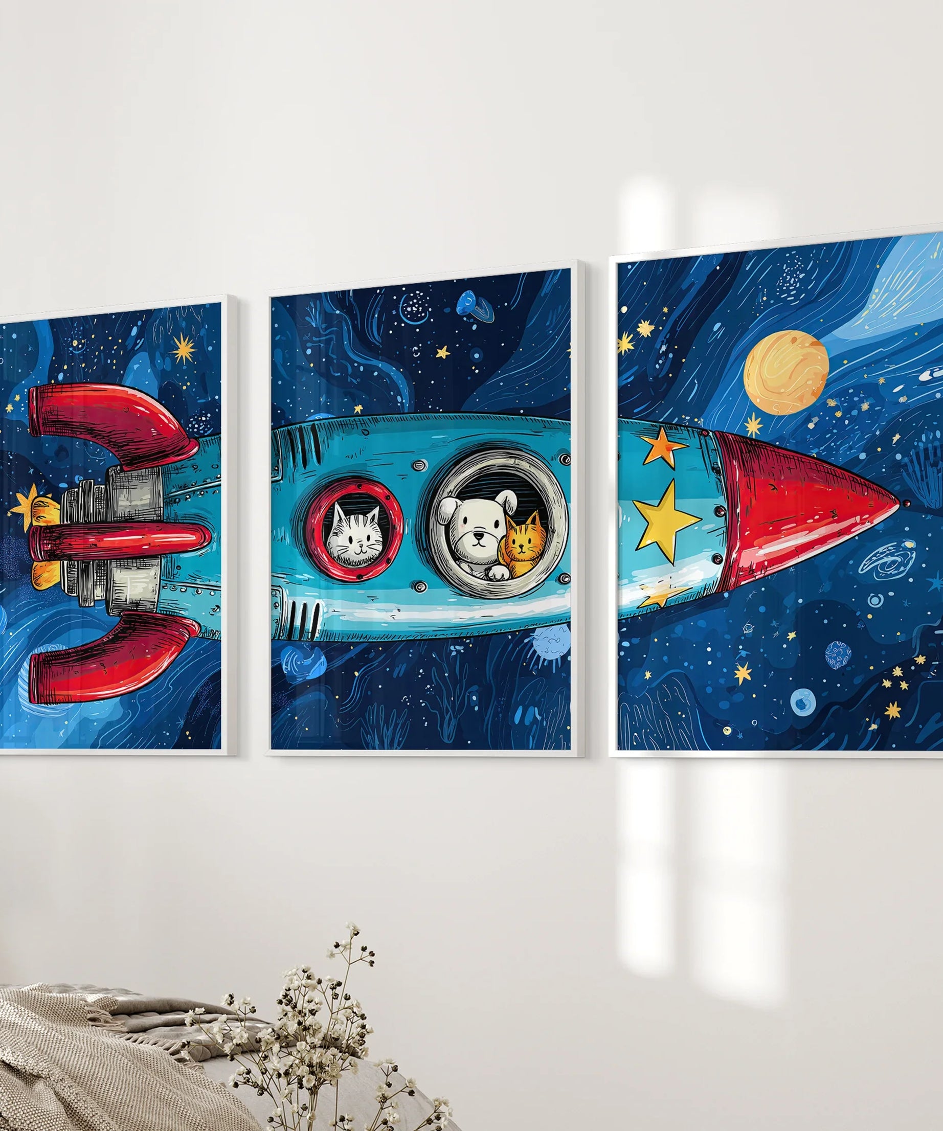 Outer Space Kids Wall Art. Rocket and Stars Nursery Prints