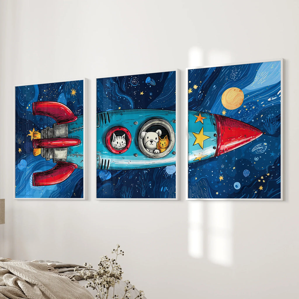 Outer Space Kids Wall Art. Rocket and Stars Nursery Prints