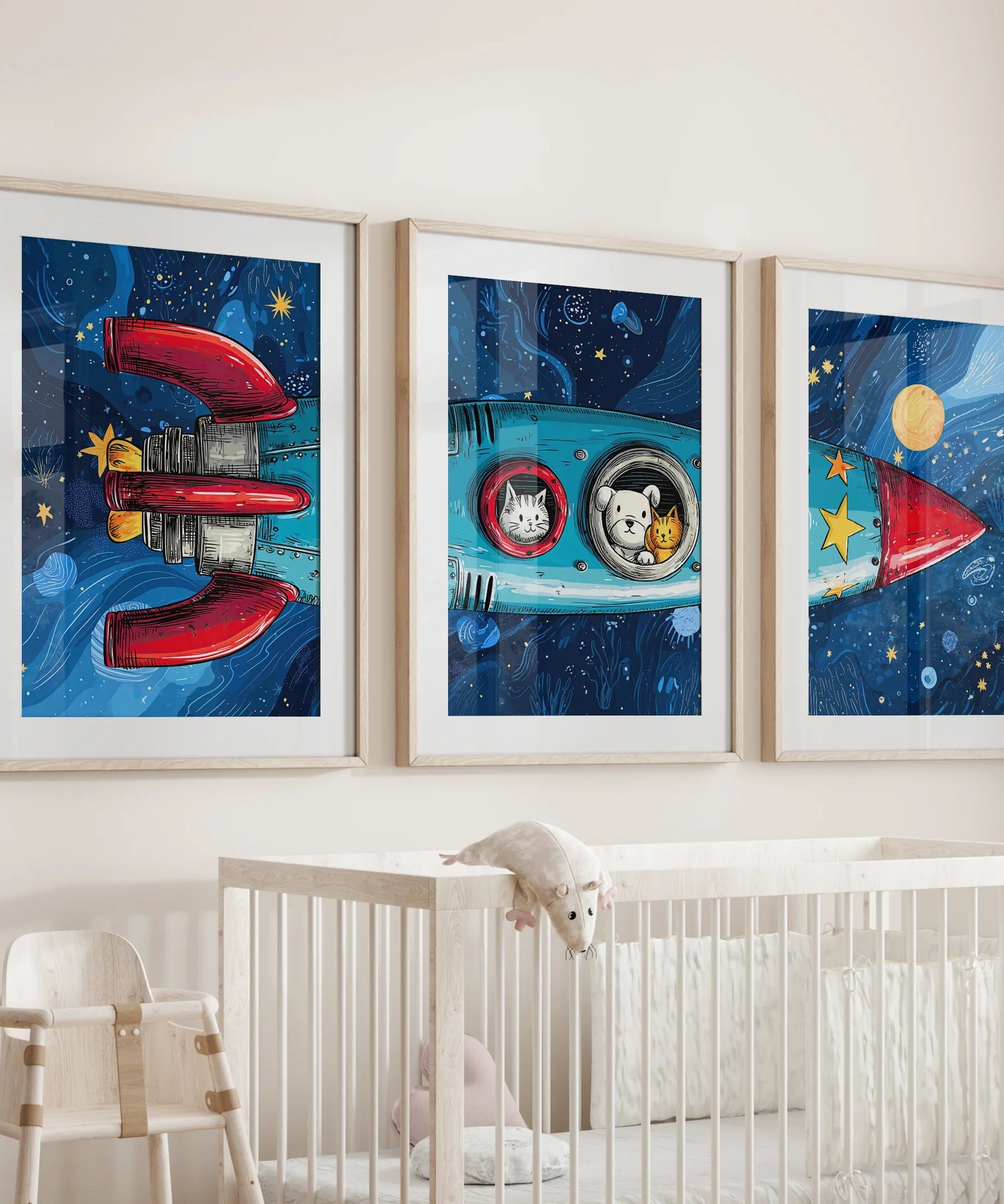 Outer Space Kids Wall Art. Rocket and Stars Nursery Prints