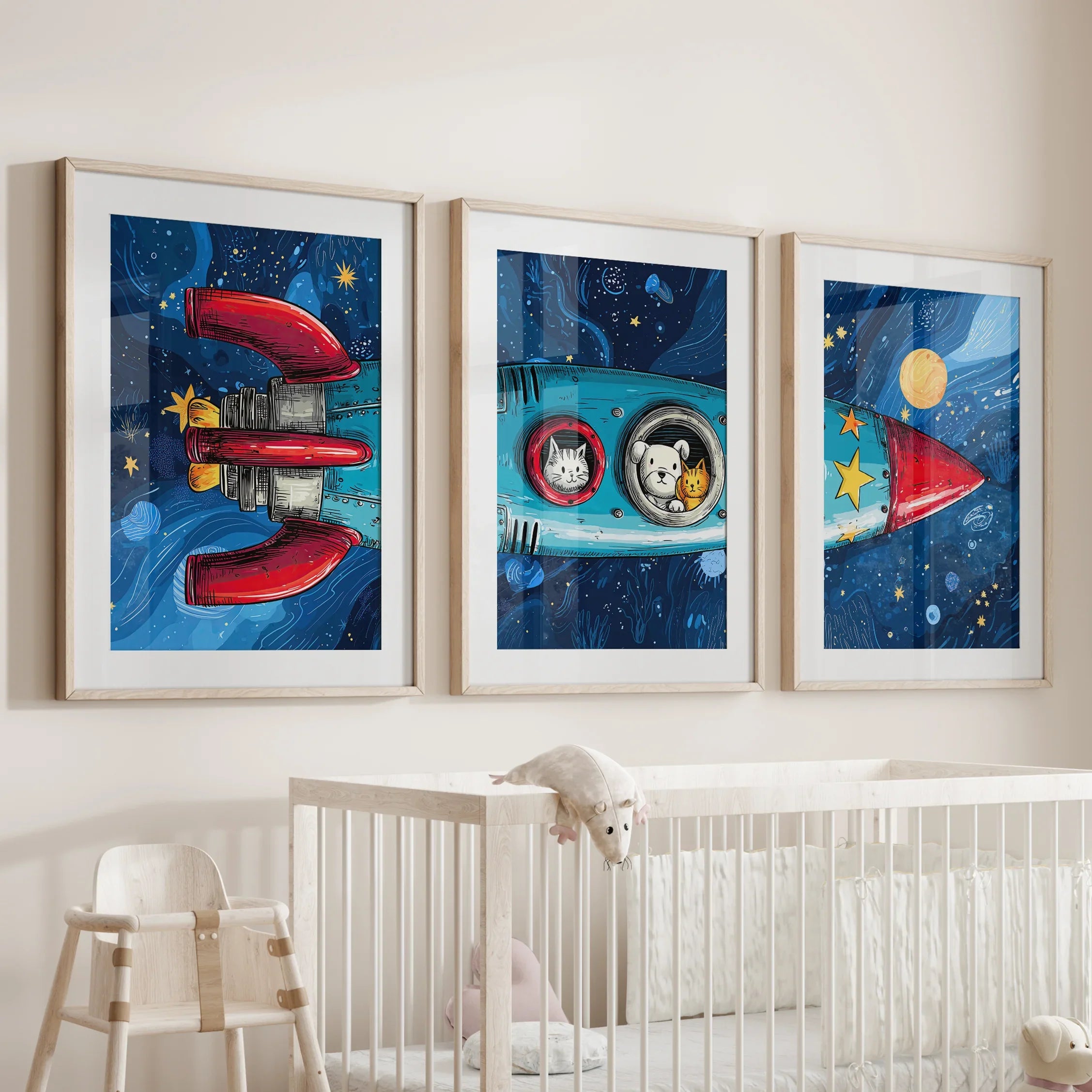 Outer Space Kids Wall Art. Rocket and Stars Nursery Prints