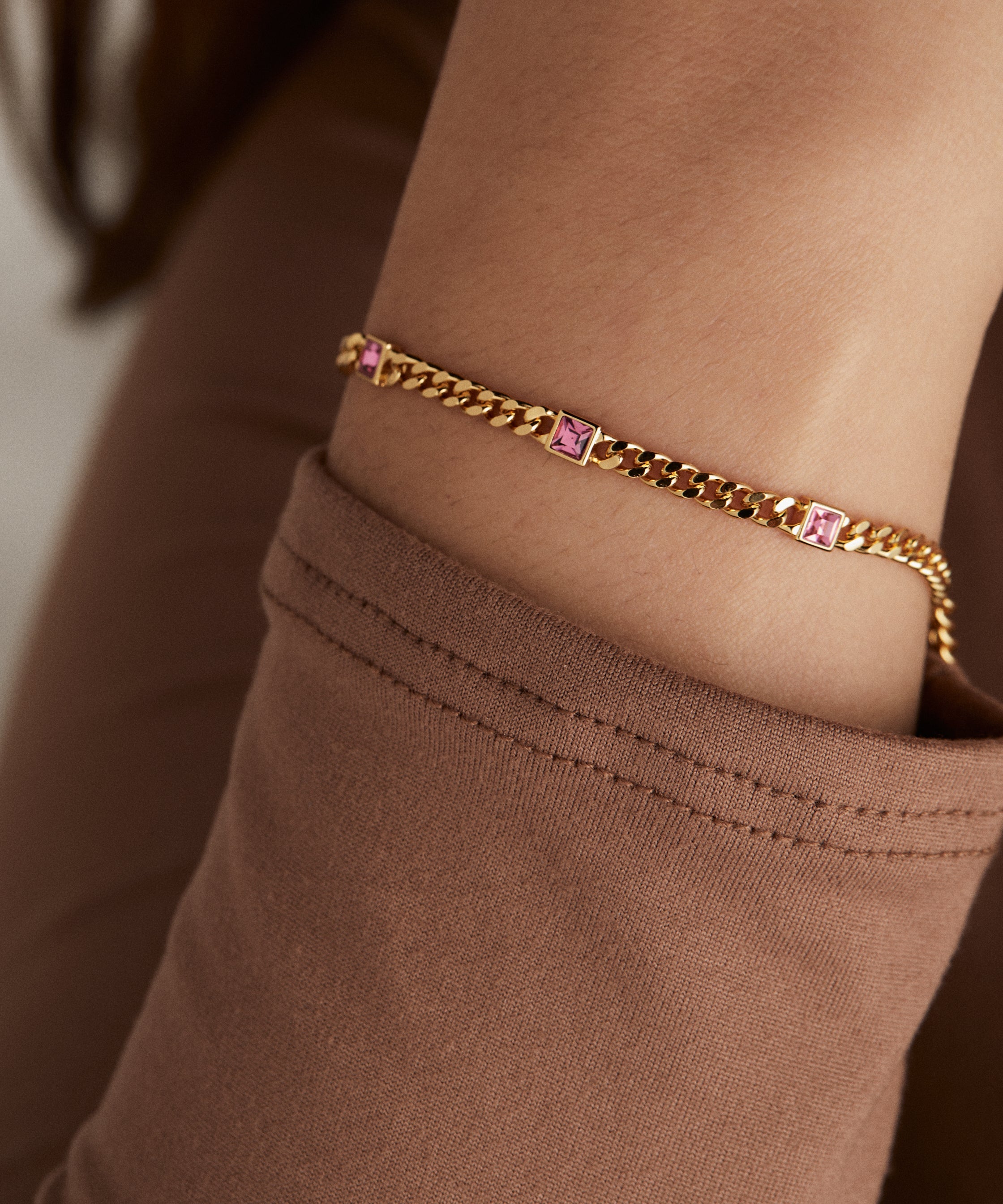 October Birthstone Rose Curb Chain Bracelet