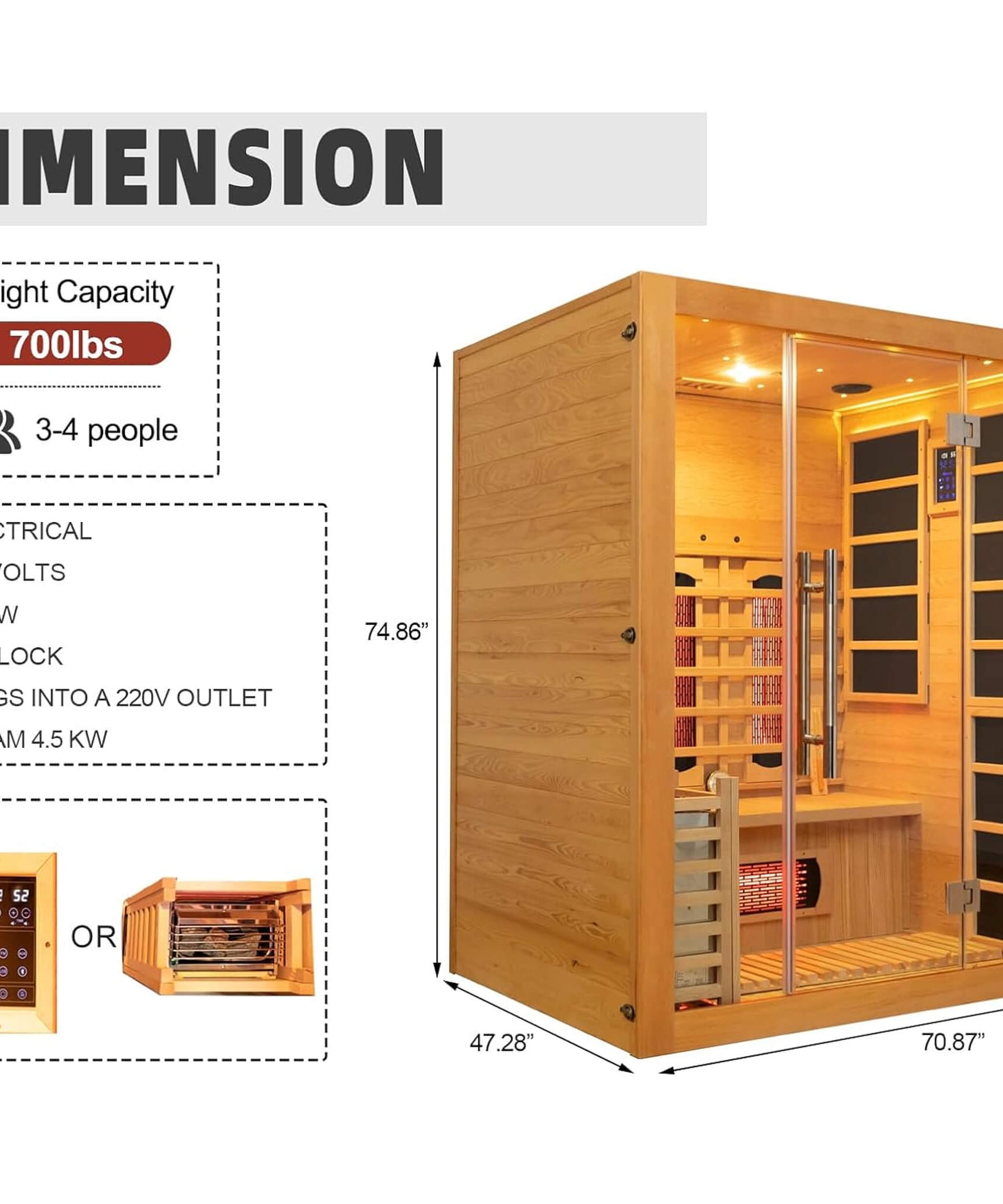 Rövia Aurora 3-Person Indoor Hybrid Sauna Room With Infrared And 4.5KW Steam Heater [Made-To-Order] (SAK41592)