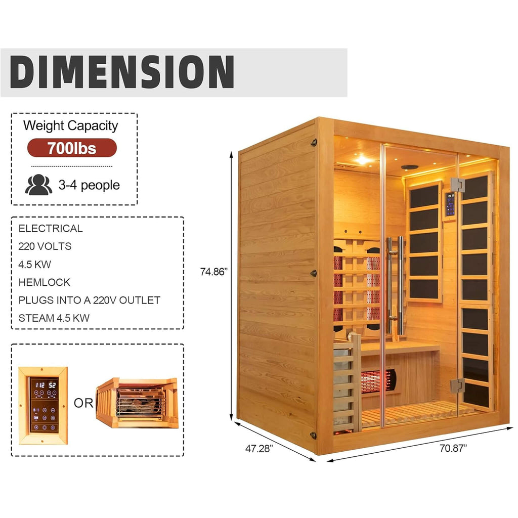 Rövia Aurora 3-Person Indoor Hybrid Sauna Room With Infrared And 4.5KW Steam Heater [Made-To-Order] (SAK41592)