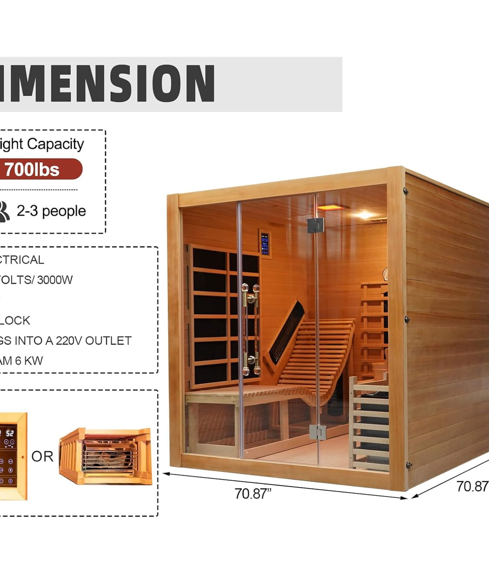 Rövia Oasis 3-Person Indoor Hybrid Sauna Room With Built-In Lounge Chair [Made-To-Order] (SAK35182)