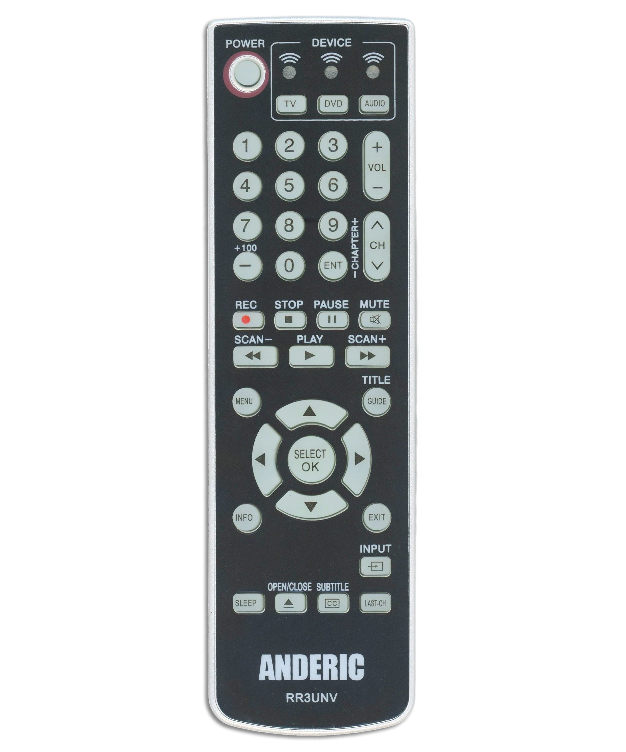 Anderic RR3UNV 3-Device Universal Remote Control for TV/DVD/VCR/Cable/Sat/Audio with Learning