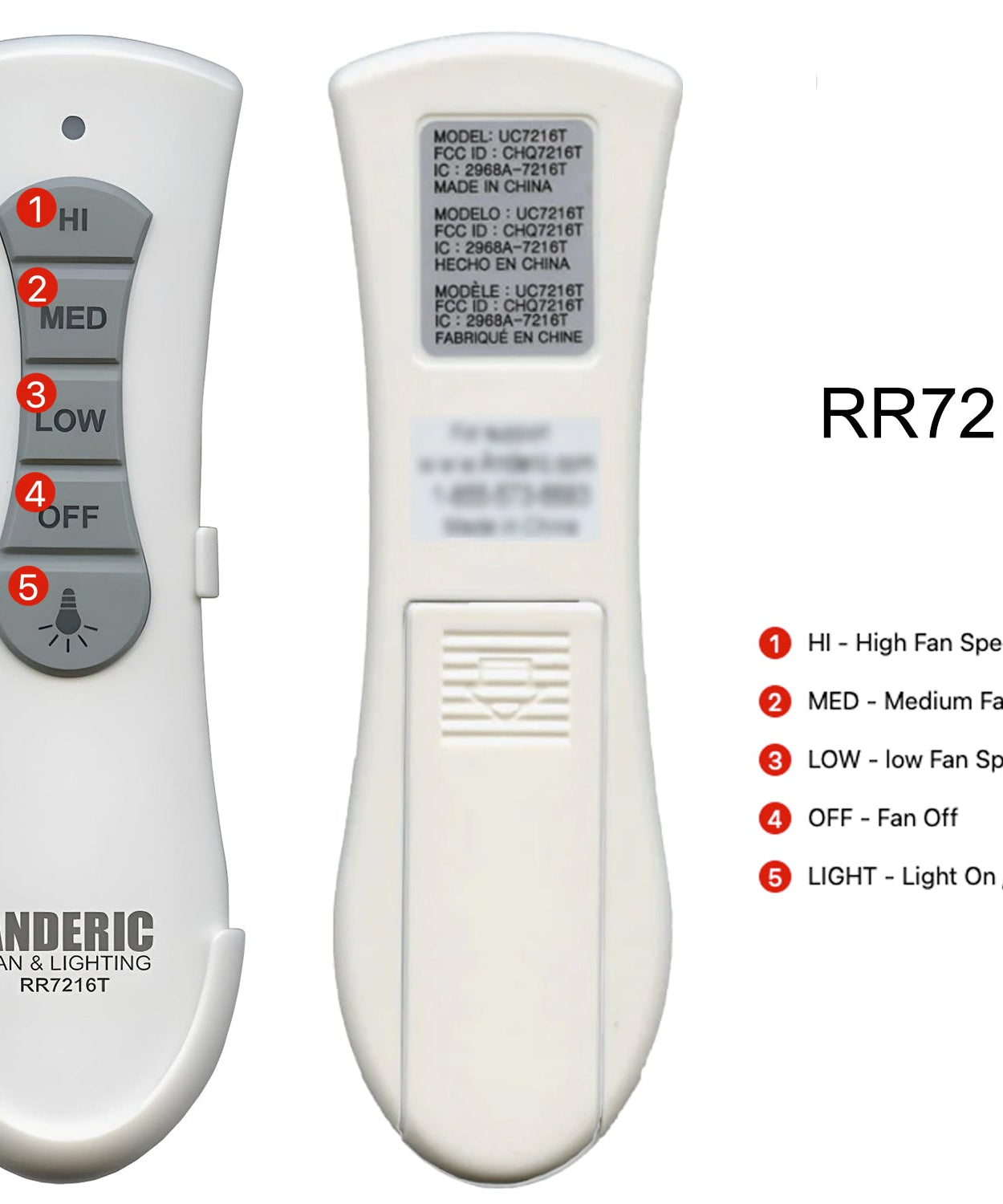 Anderic RR7216T Ceiling Fan Remote Control for UC7216T, CHQ7216T | RF | 4-DIP Pairing | 304 MHz