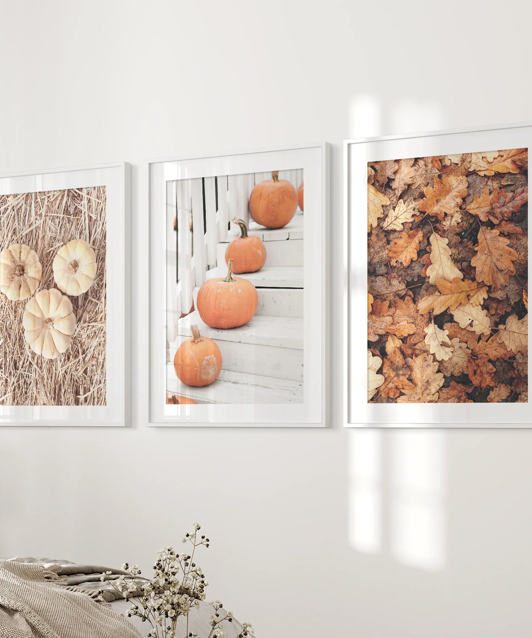 Cozy Fall Wall Art Set of 3. Pumpkins and Autumn Leaves