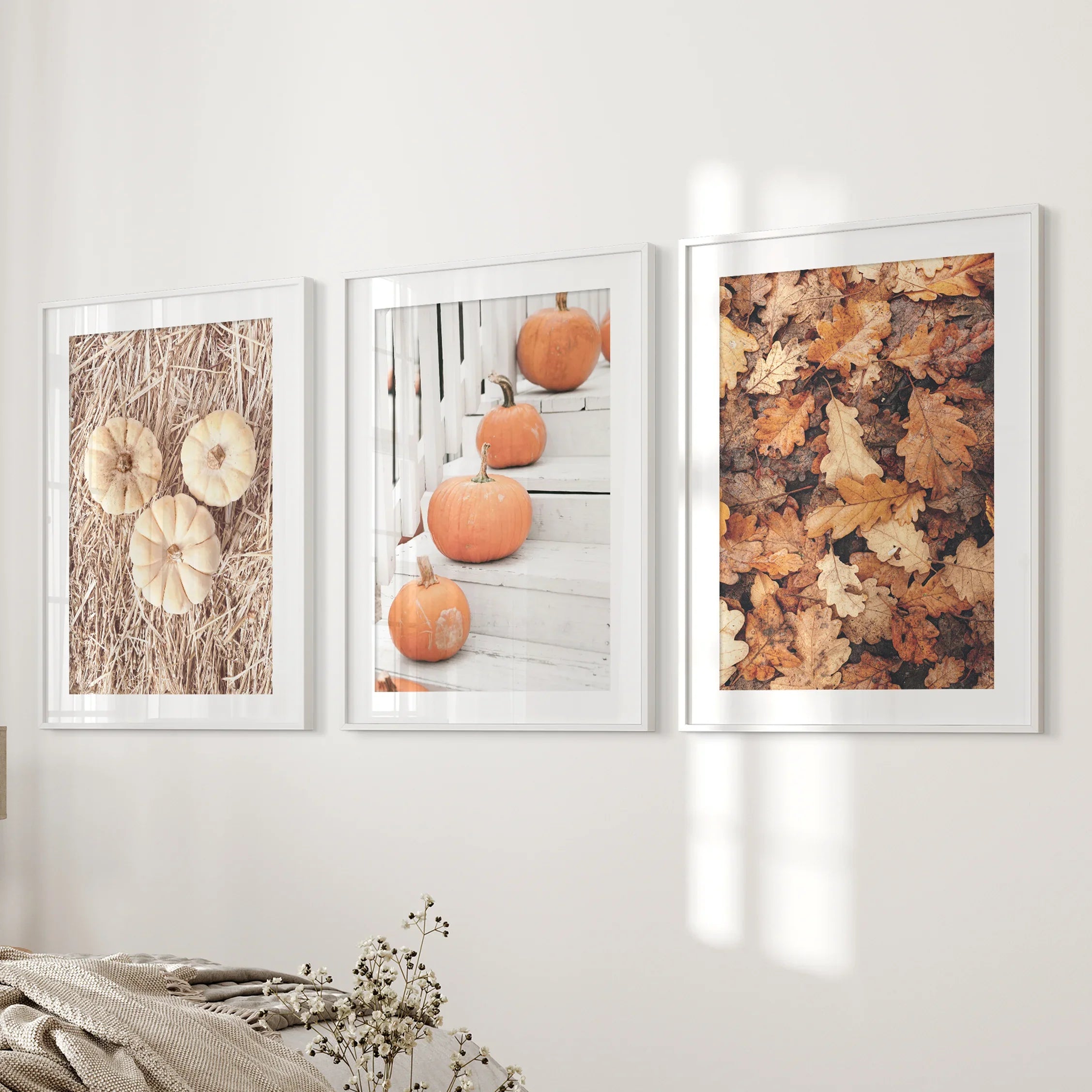 Cozy Fall Wall Art Set of 3. Pumpkins and Autumn Leaves