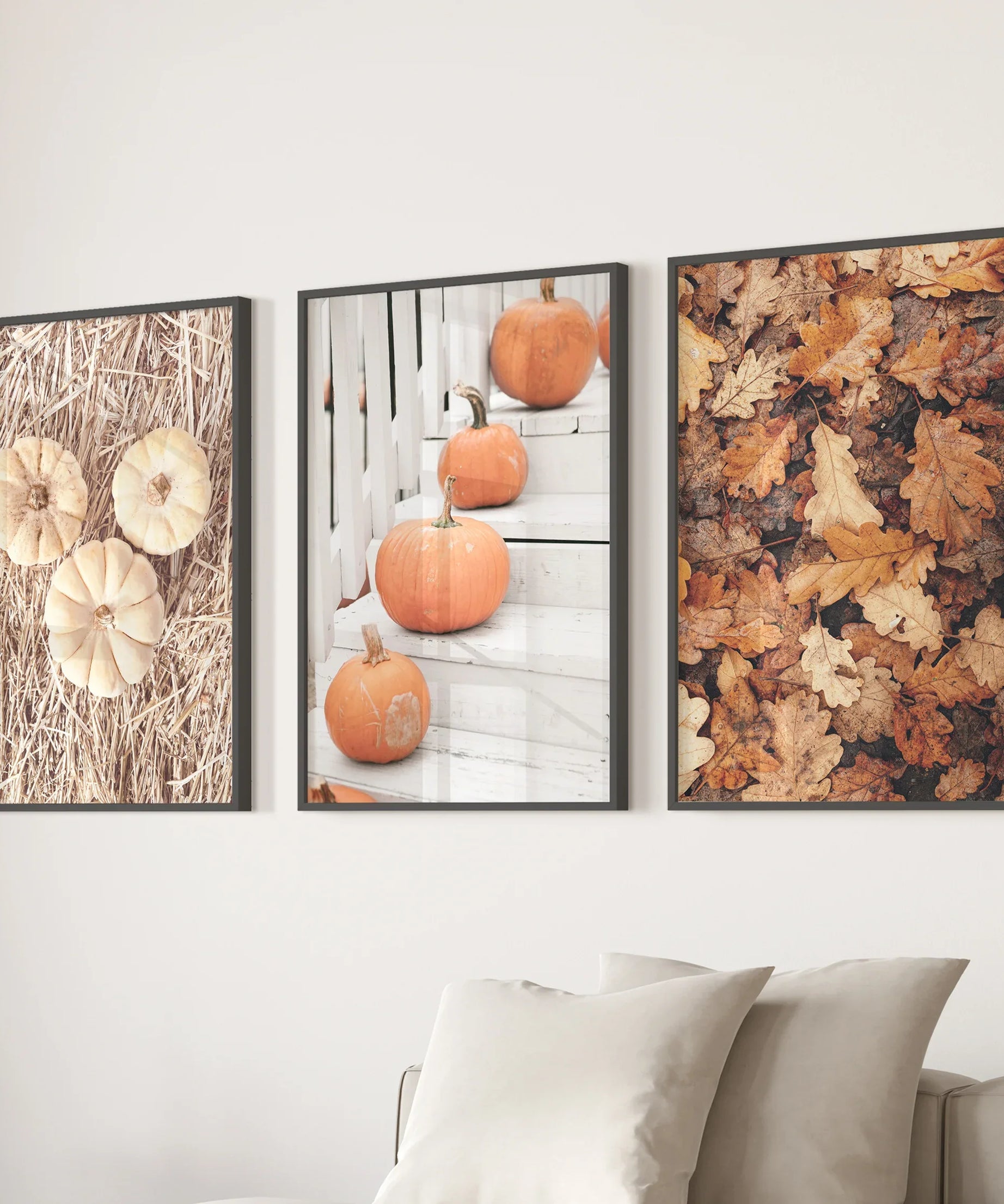 Cozy Fall Wall Art Set of 3. Pumpkins and Autumn Leaves