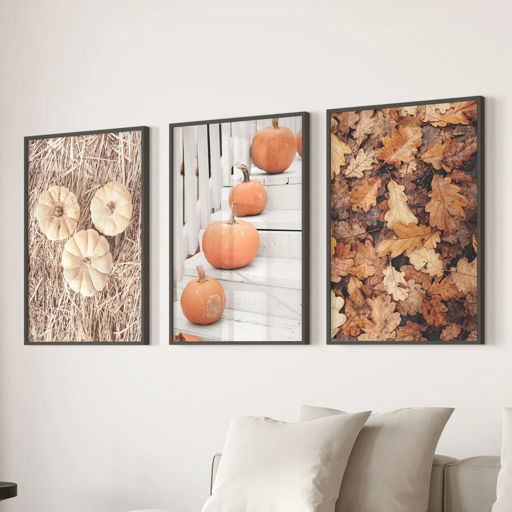 Cozy Fall Wall Art Set of 3. Pumpkins and Autumn Leaves