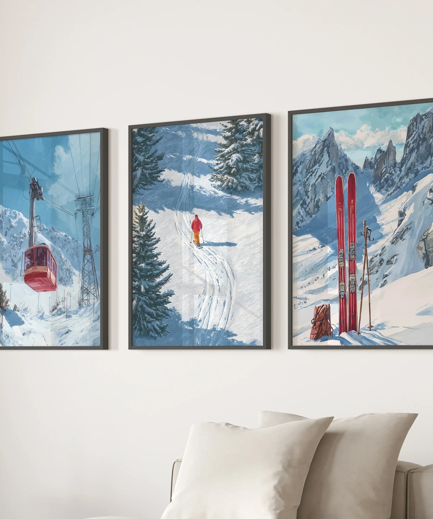 Snowy Mountain Wall Art Set: Skier, Red Skis, Snowy Trees