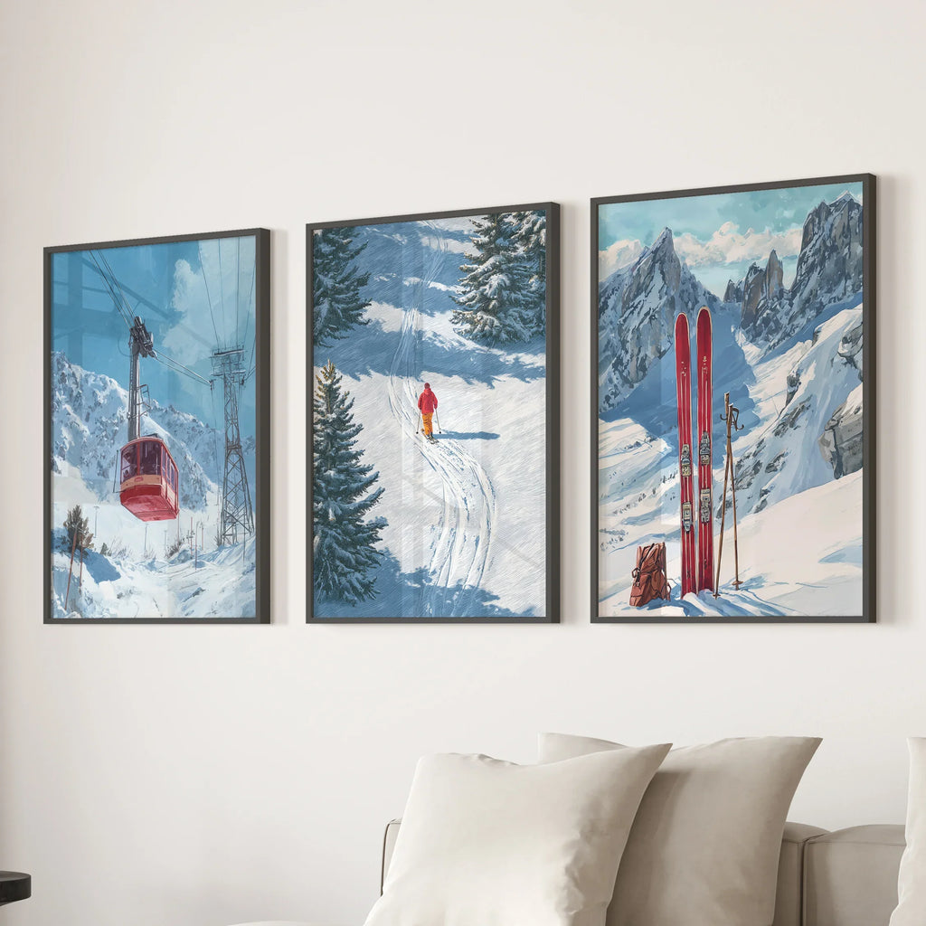 Snowy Mountain Wall Art Set: Skier, Red Skis, Snowy Trees