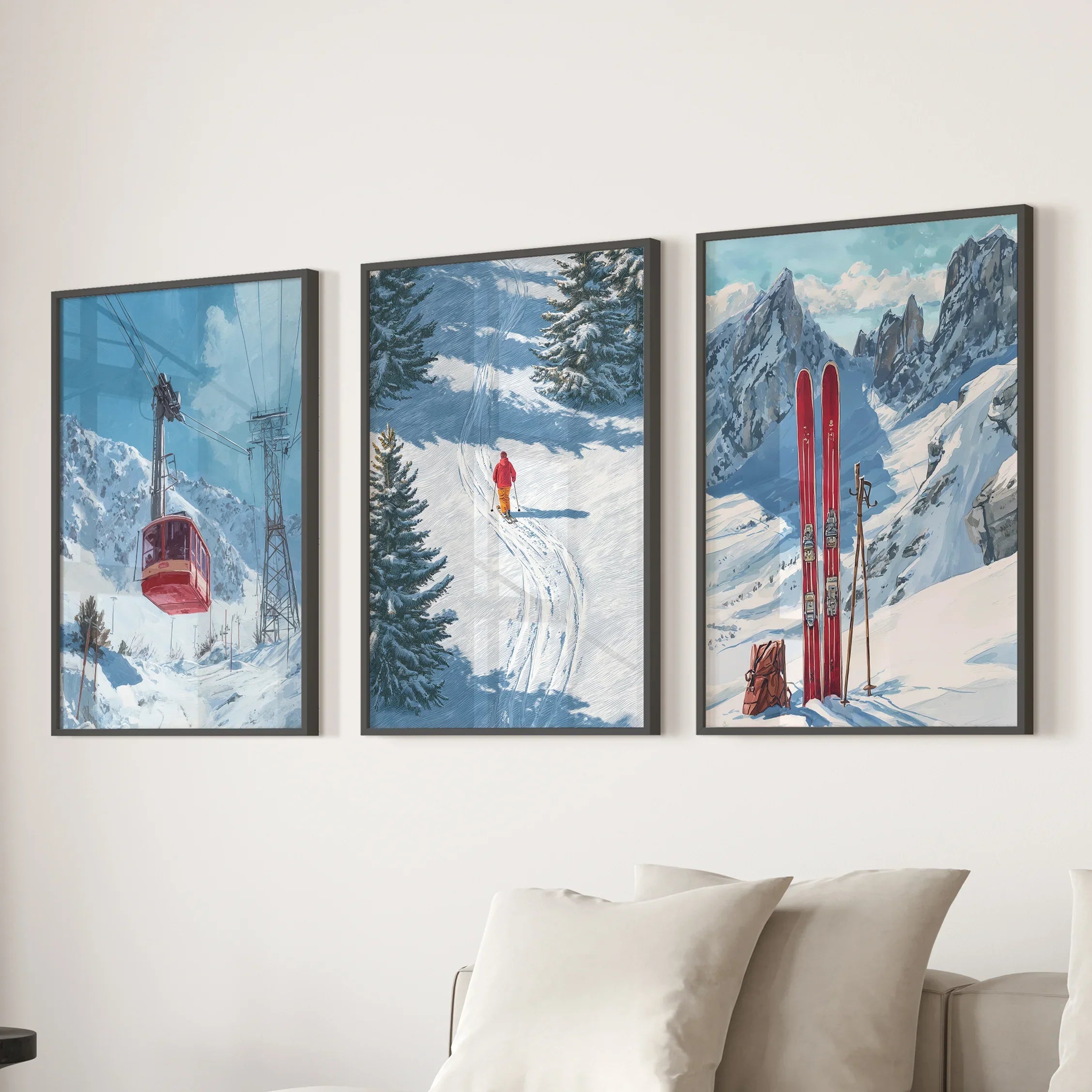Snowy Mountain Wall Art Set: Skier, Red Skis, Snowy Trees