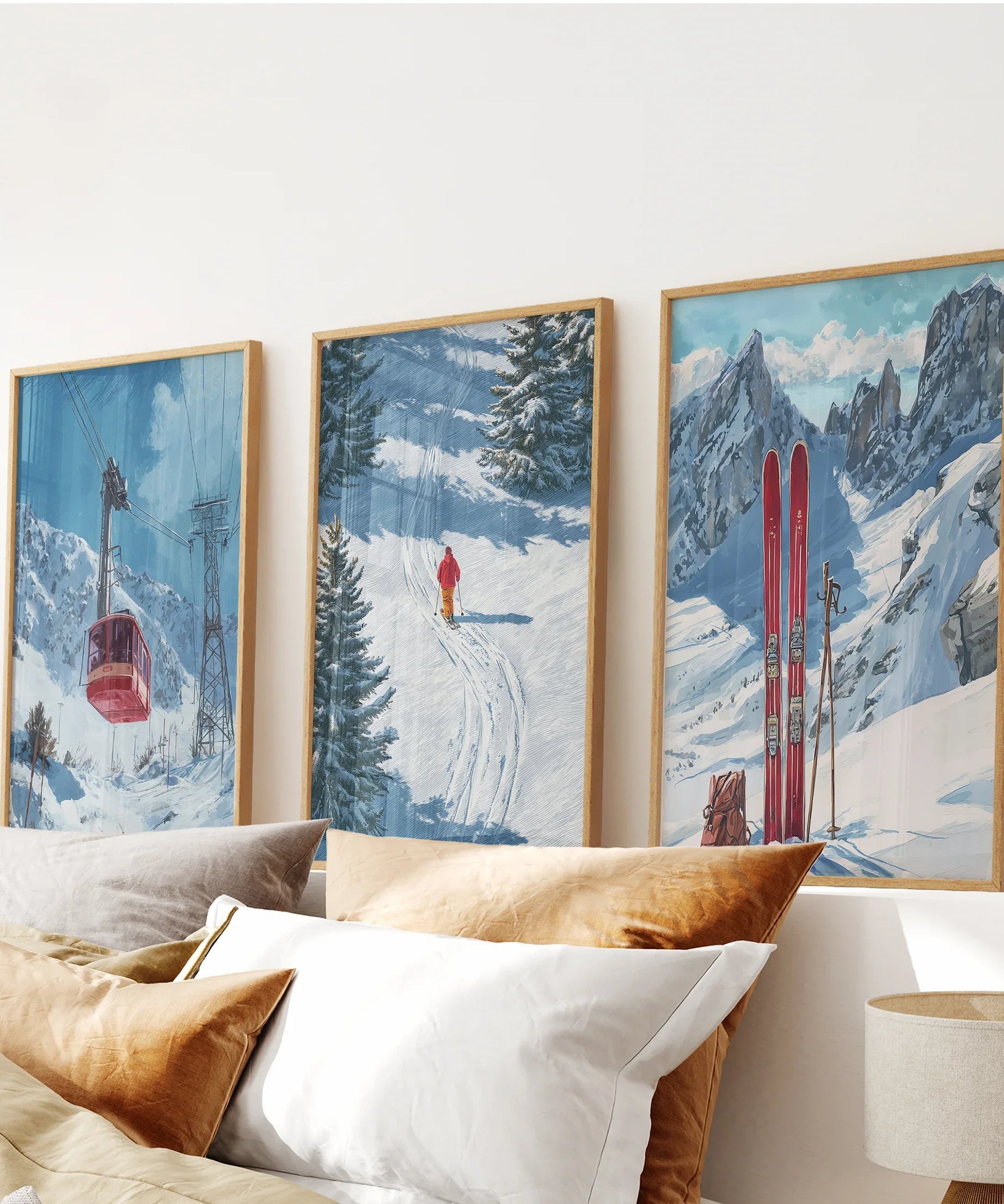 Snowy Mountain Wall Art Set: Skier, Red Skis, Snowy Trees