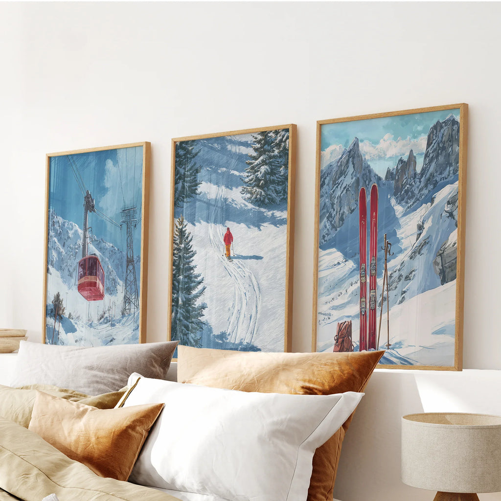 Snowy Mountain Wall Art Set: Skier, Red Skis, Snowy Trees