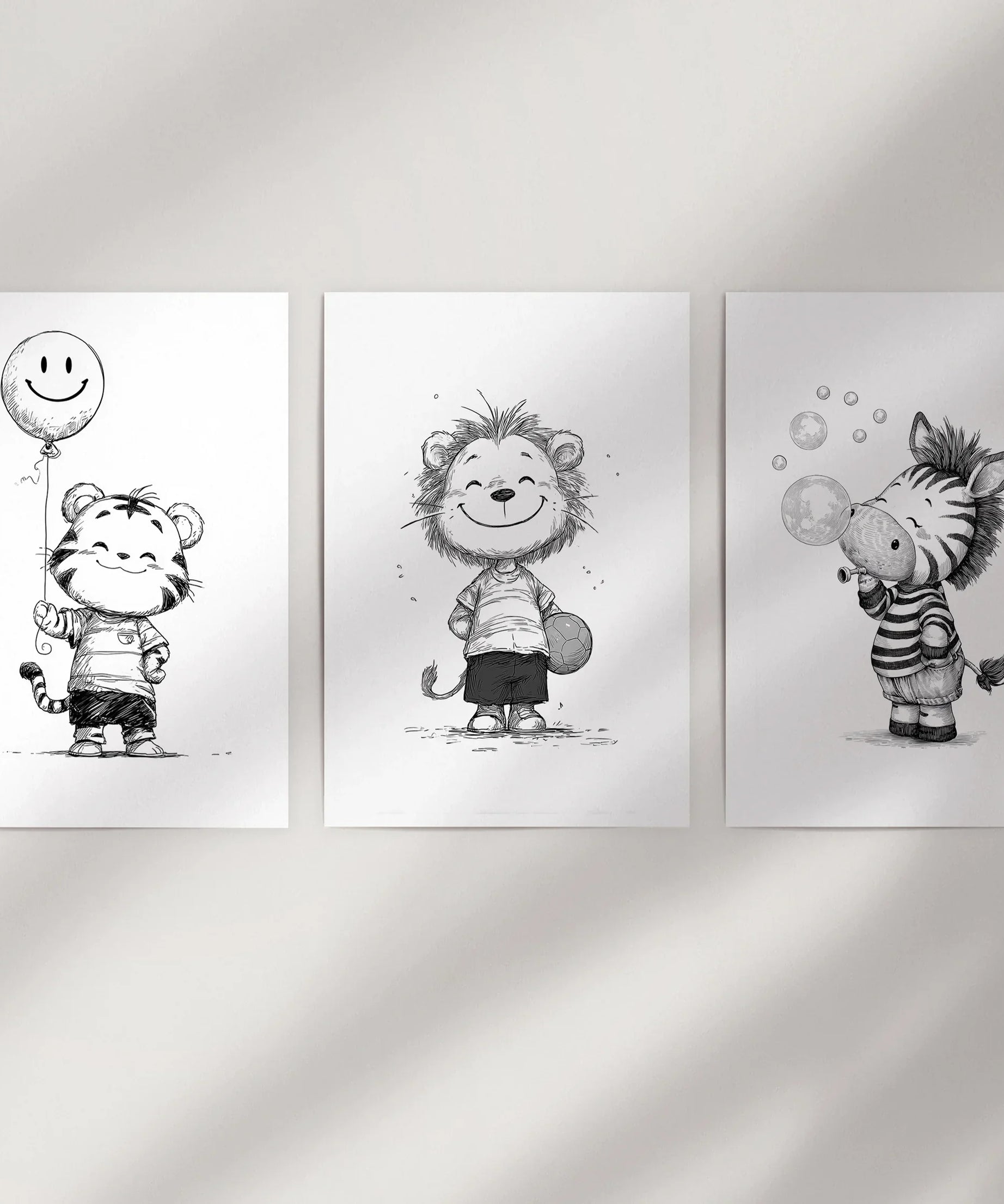Black White Gender-Neutral Nursery Art Set. Lion Tiger Zebra