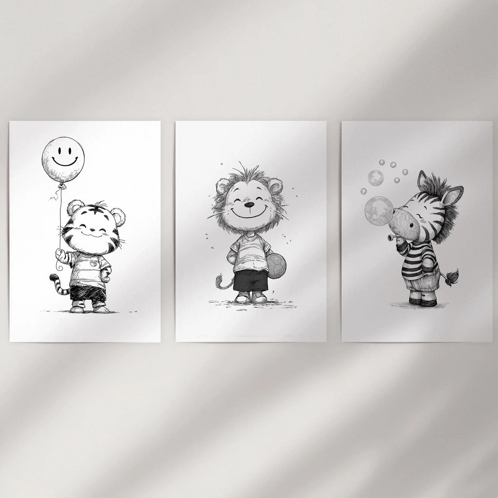 Black White Gender-Neutral Nursery Art Set. Lion Tiger Zebra