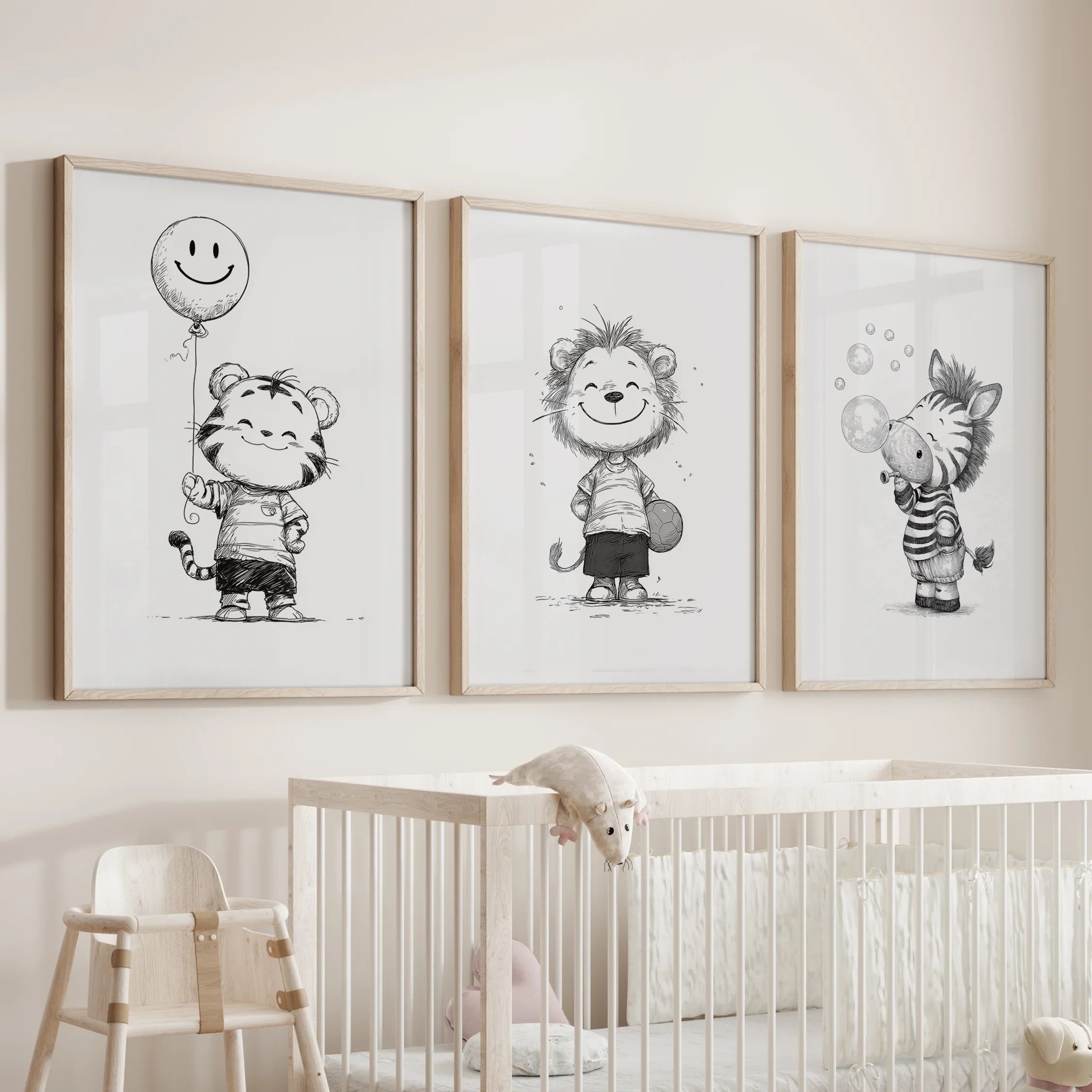 Black White Gender-Neutral Nursery Art Set. Lion Tiger Zebra