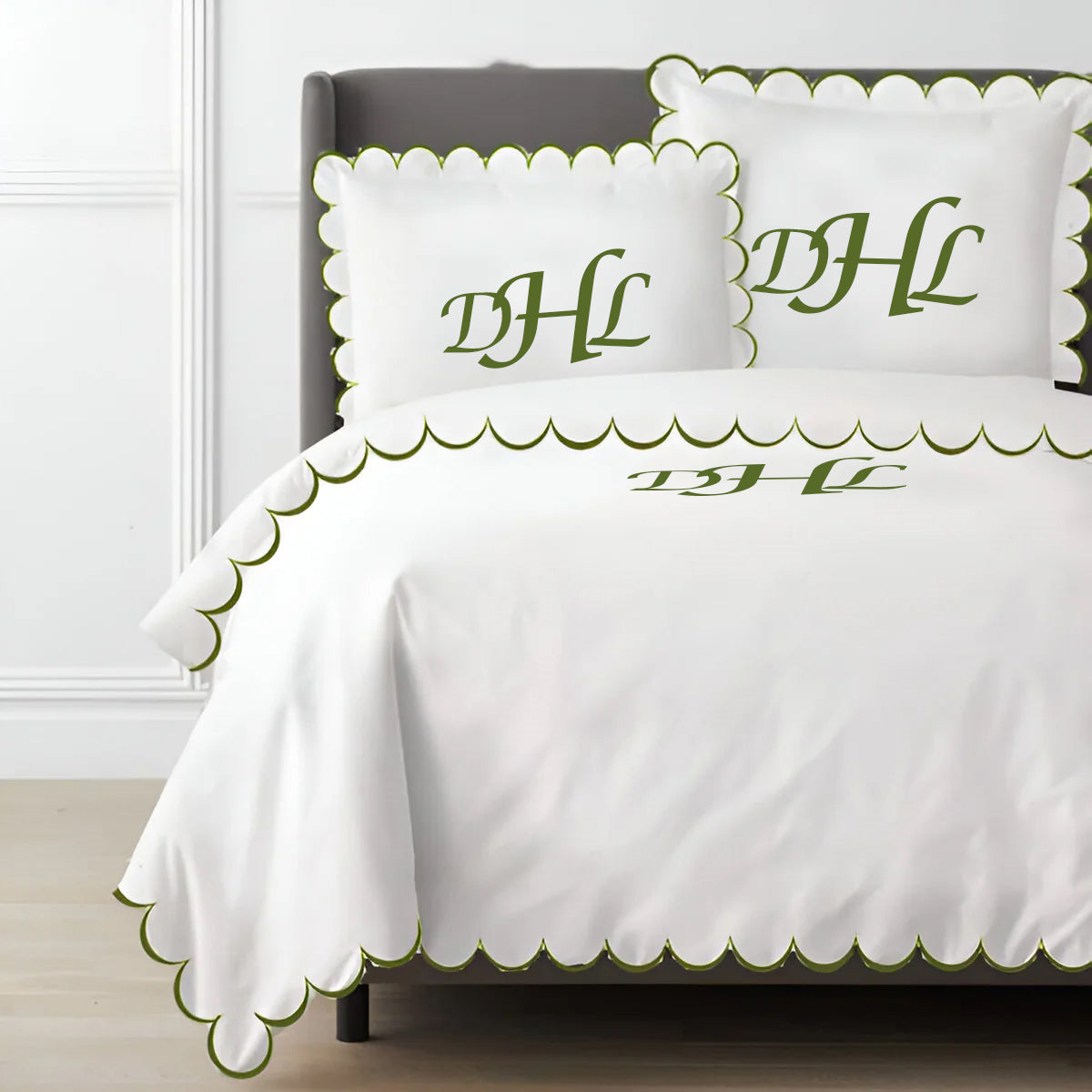 Monogram Allena 400TC Cotton Scallop Embroidery Sateen Solid Duvet Cover Set