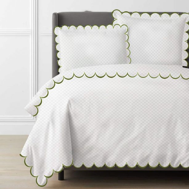 Allena 400TC Cotton Scallop Embroidery Sateen Microcheck Duvet Cover Set