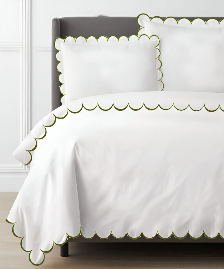 Allena 400TC Cotton Scallop Embroidery Sateen Solid Duvet Cover Set