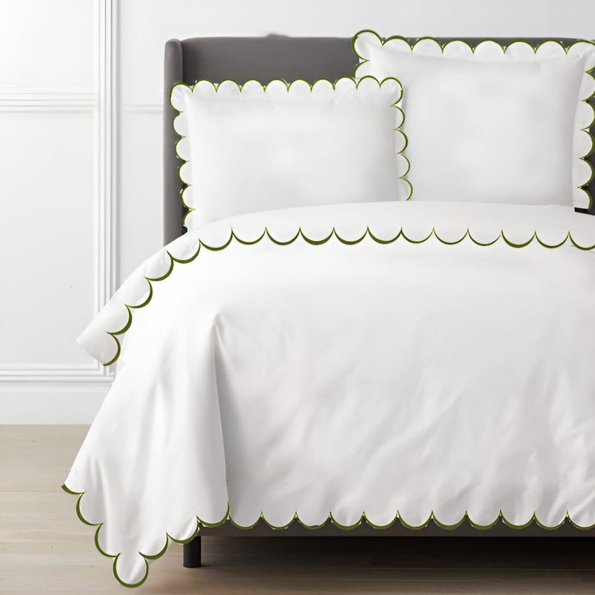 Allena 400TC Cotton Scallop Embroidery Sateen Solid Duvet Cover Set